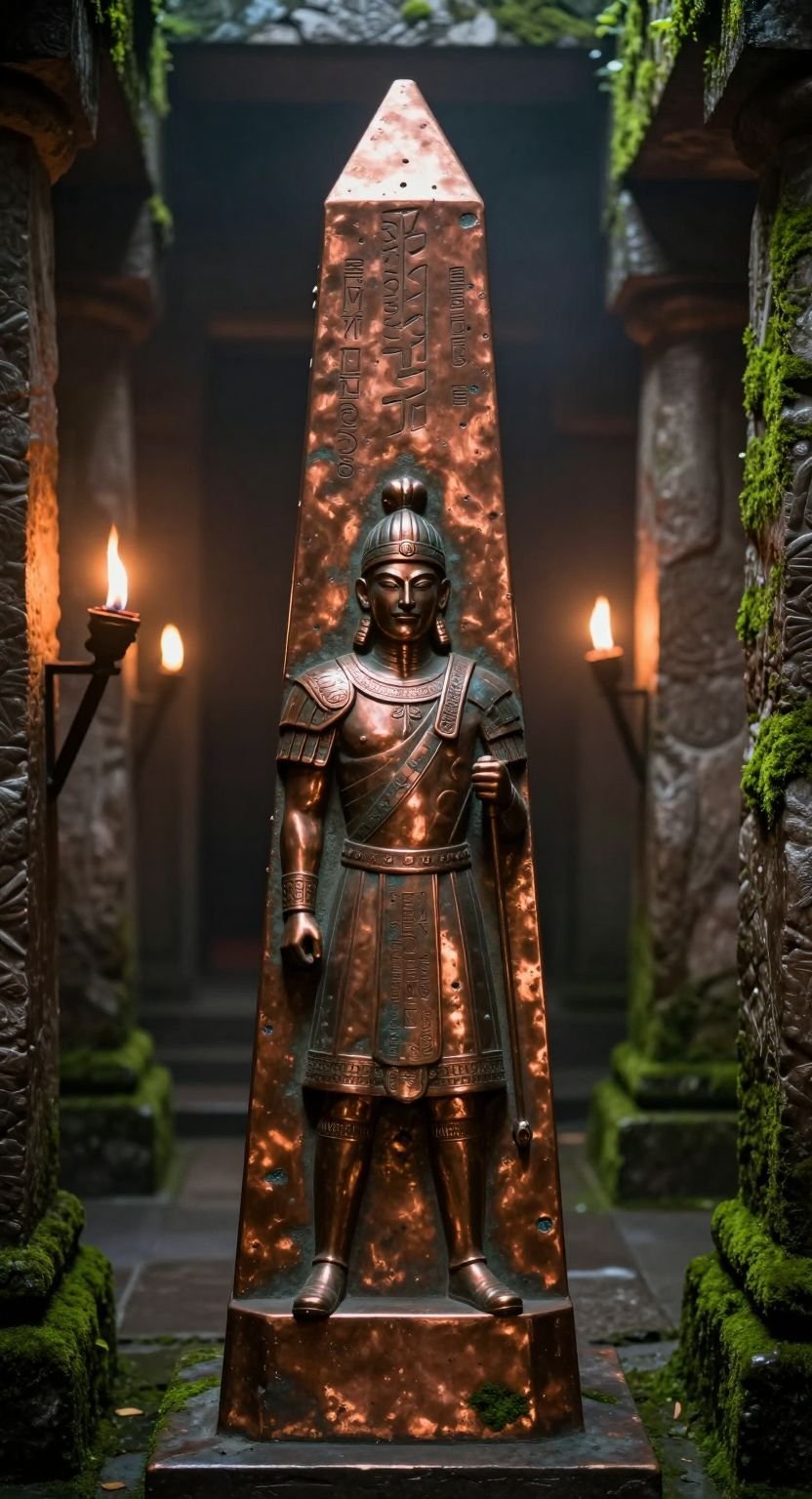 Copper Plated Warrior Obelisk Temple Corridor Misty Ancient