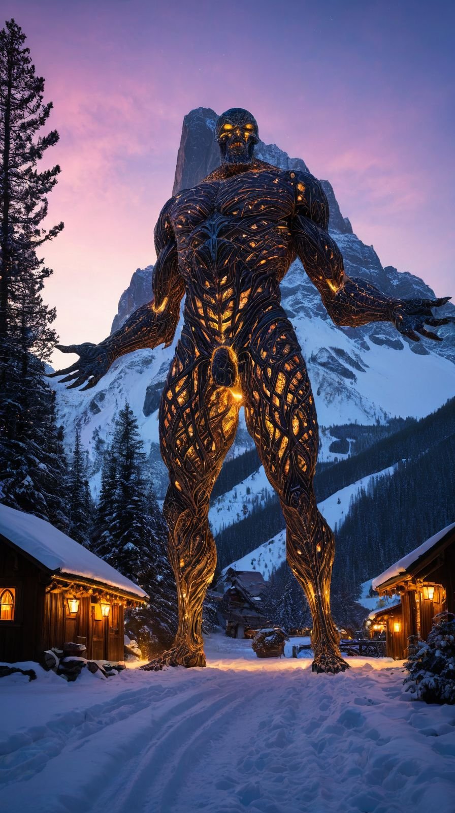 Giant Gypsy in Snowy Village