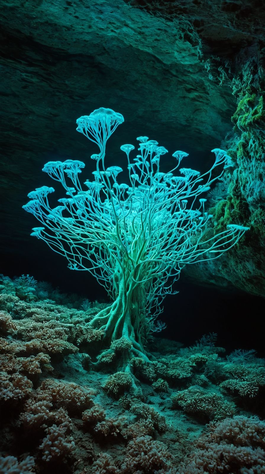 Mycorrhizal Bracket Fungus Luminous Cave Scene