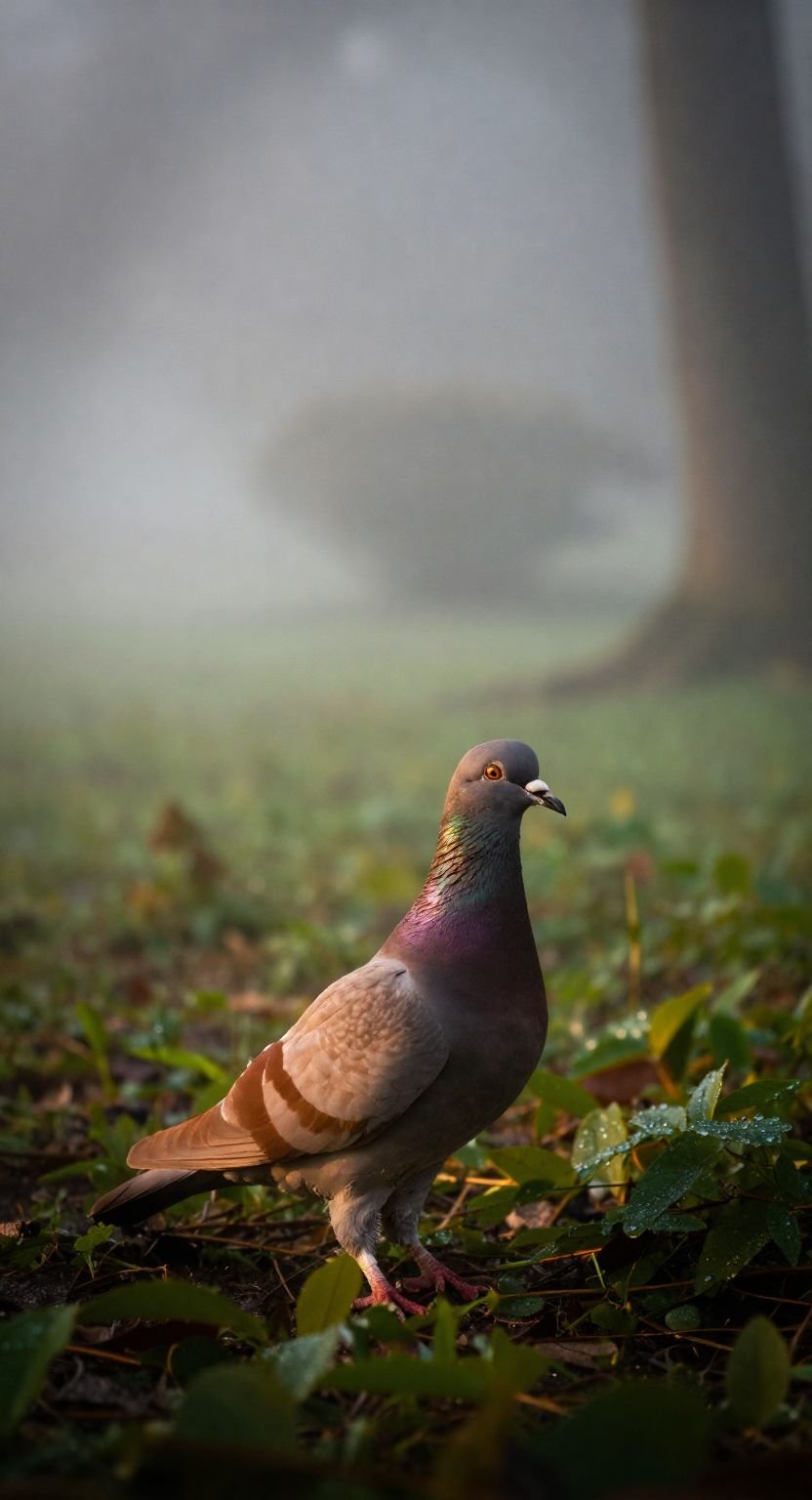 The Misty Morning Pigeon With Bronze Plumage