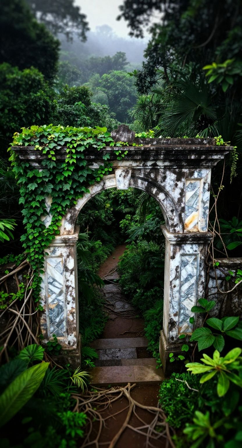 The Overgrown Archway Discovery In The Humid Jungle
