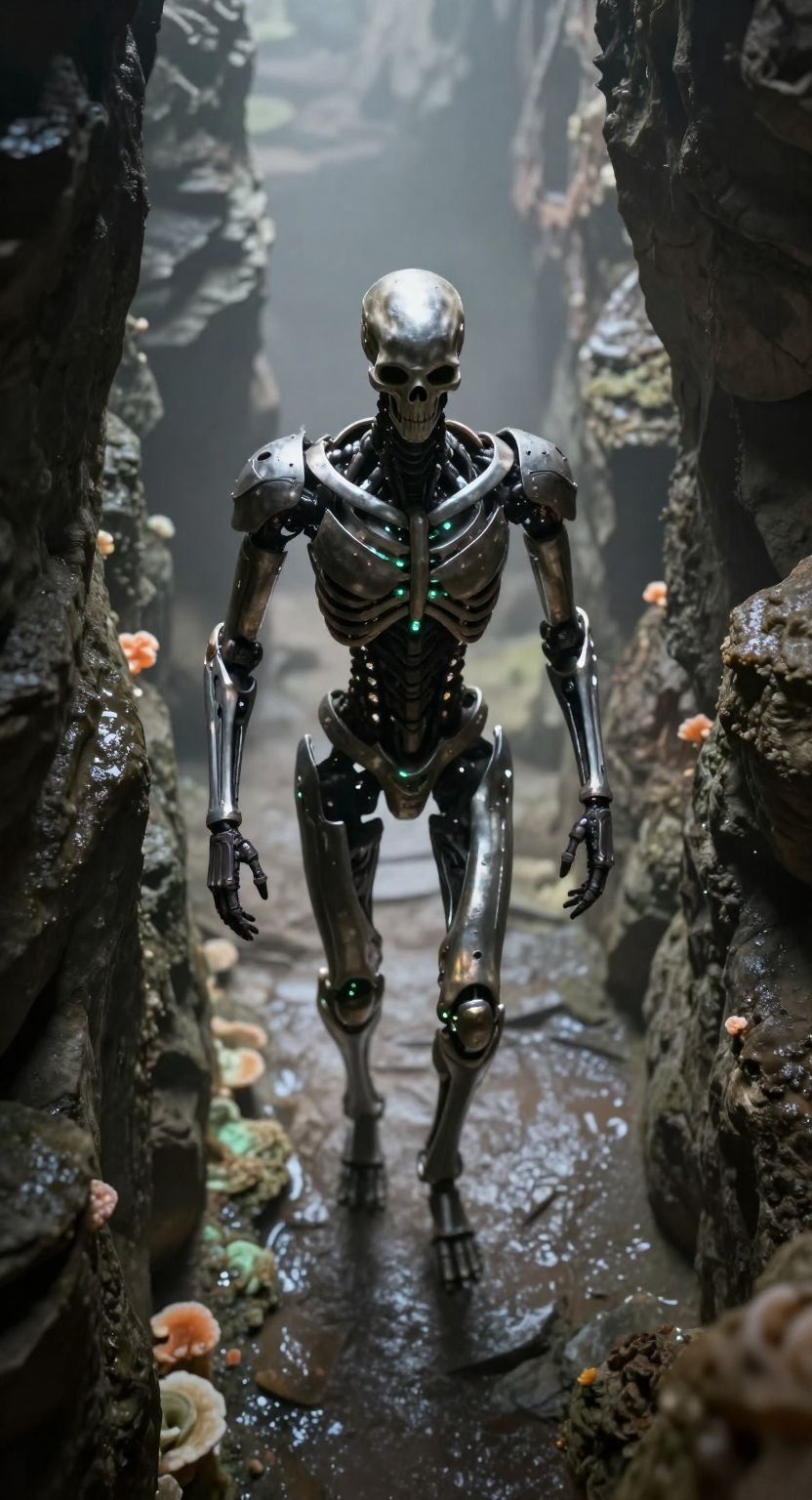 Bipedal Humanoid Bioluminescent Cave Scene
