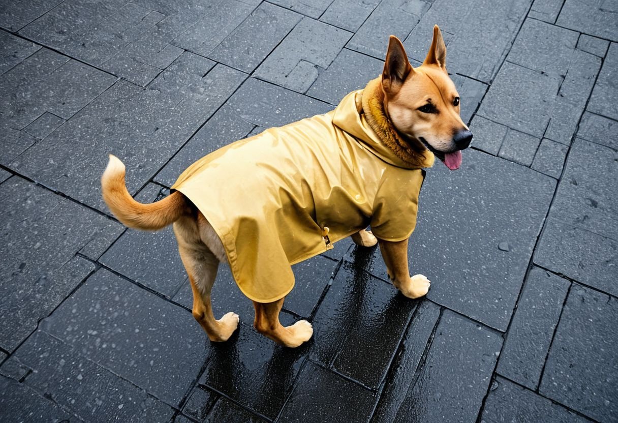 The Raincoated Golden Retriever On Soaked Streets