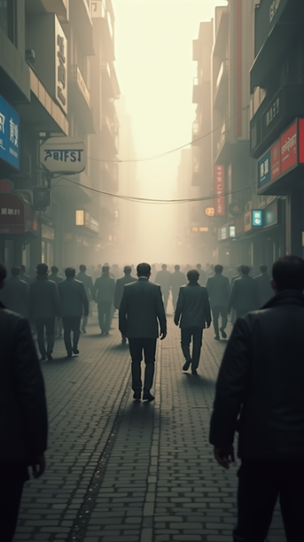 A humanoid figure amidst an urban setting obscured by particulates