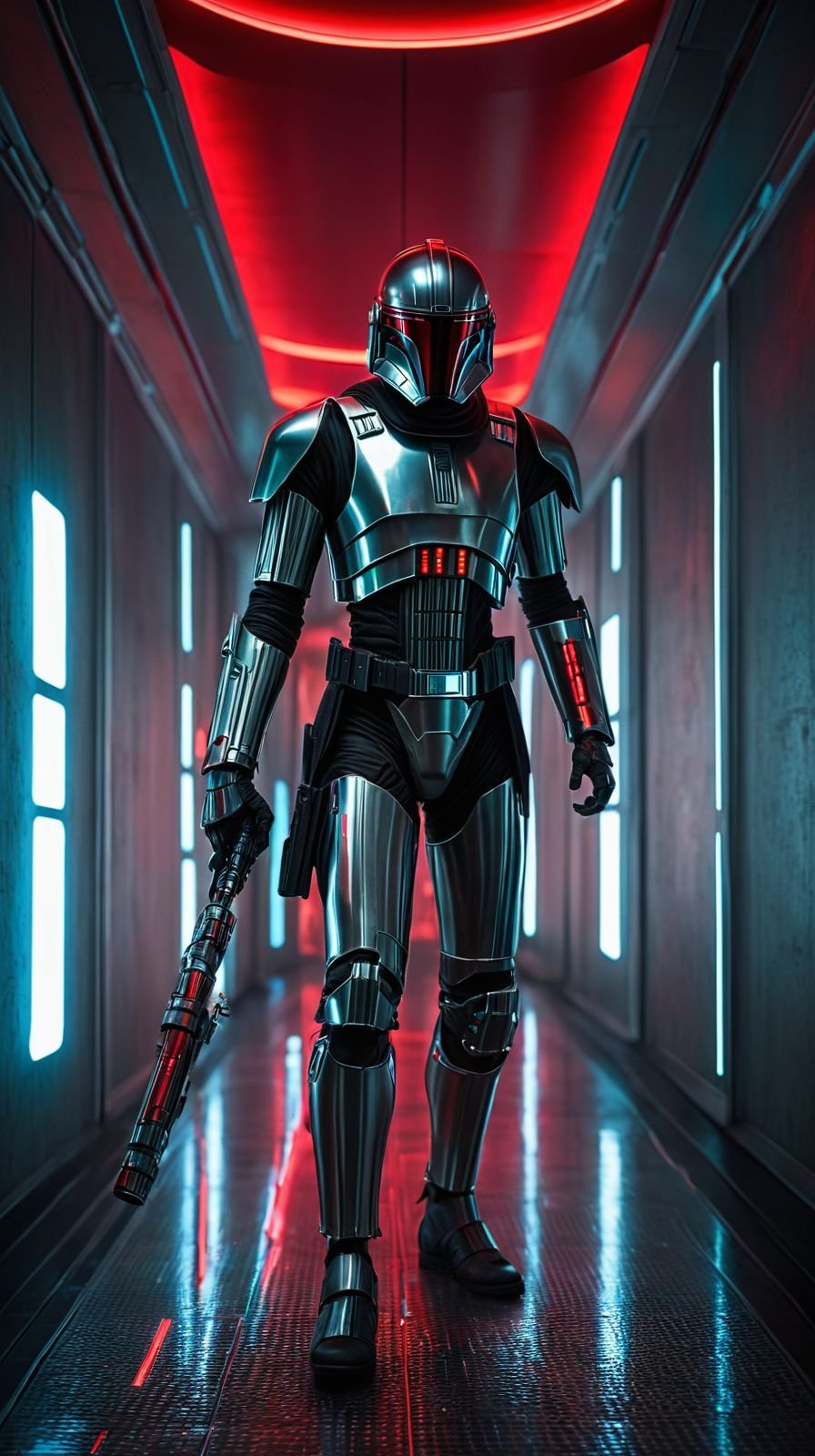 Bipedal Humanoid Neon Corridor Scene