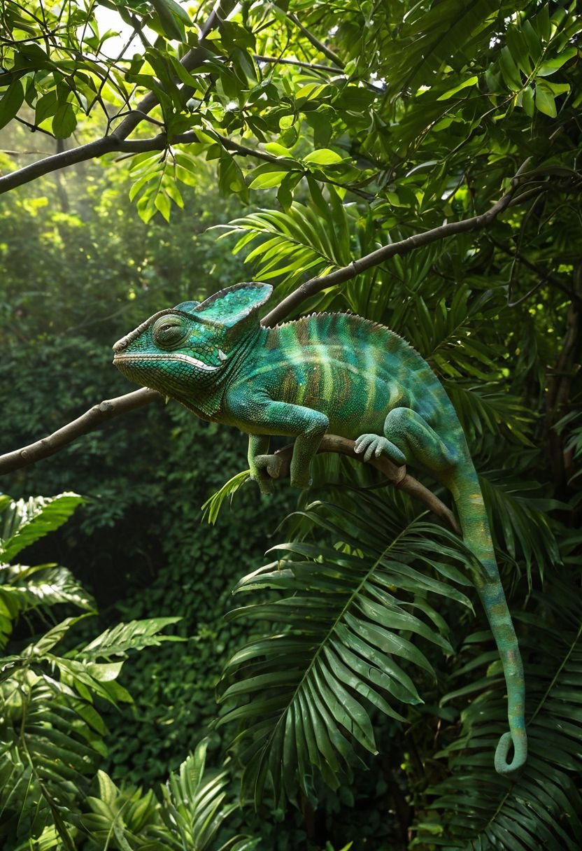 The Chameleon With Prehensile Tail And Expandable Throat Pouch In Sunlit Canopy